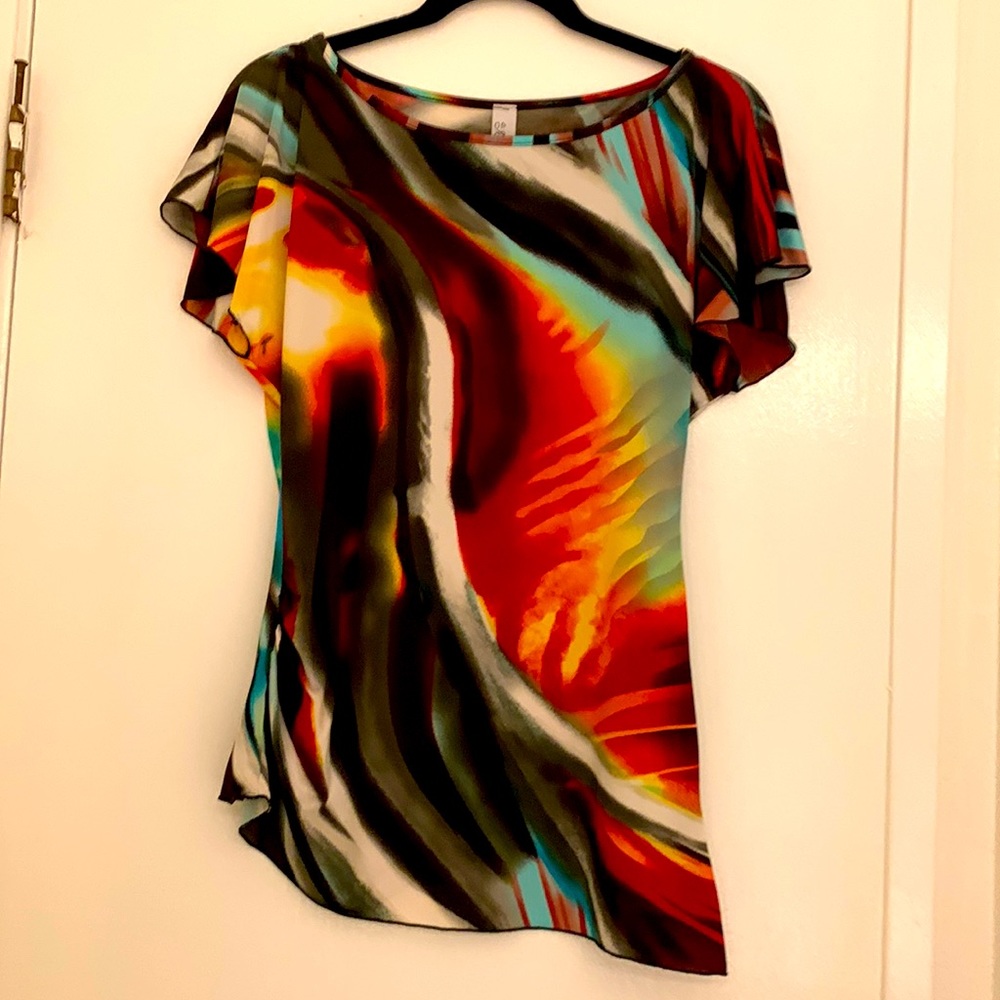 Multicolored Blouse. Soft and silky with short bell sleeves and diagonal hemline